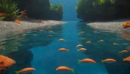 Una escena de agua azul brillante con, nadando tranquilamente en el medio, rodeado de exuberantes plantas verdes y vibrantes corales naranjas, cerca de un fondo rocoso con, en medio de grava colorida y burbujas flotantes