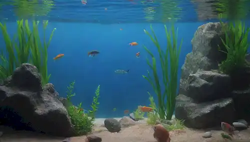 Un acuario colorido con guppies nadando en primer plano, rodeado de exuberantes plantas verdes y decoraciones, con algunos peces saltando del agua, otros escondidos detrás de las rocas, y unos pocos jugando cerca de la superficie, todo contra un fondo azul brillante