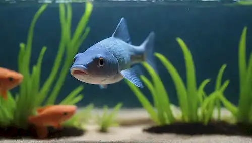 Una brillante escena acuática azul con un pequeño pez goppy nadando tranquilamente cerca de plantas, un suave efecto de agua ondula en el fondo, unas gotas de agua en la superficie, y un ligero toque de luz del sol mirando a través de los acuarios paredes de vidrio, todo rendido en colores vibrantes, invitándote a echar un vistazo más cercano