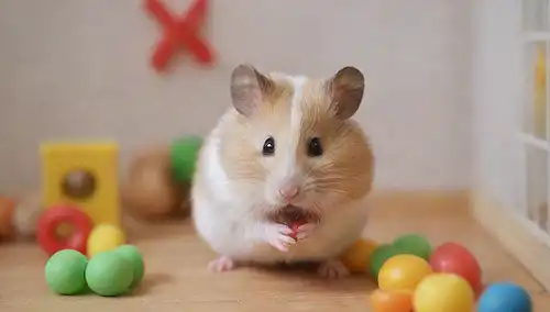 2 hamsters en una jaula blanca, rodeado de juguetes y tubos, con un hámster ruso sentado en una pequeña rueda de madera, enfoque suave en los hámsteres, colores brillantes para los juguetes y jaula, ambiente limpio y ordenado