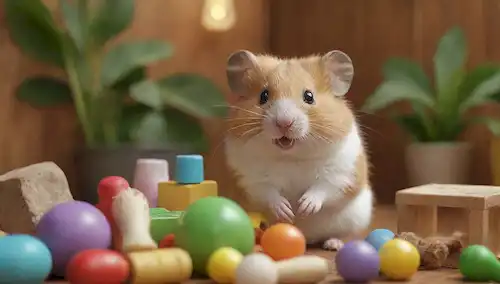 3D rendering of a happy hamster surrounded by various toys and objects in its cage, with lush greenery and colorful bedding, on a warm wooden background, offering different texturas and patterns