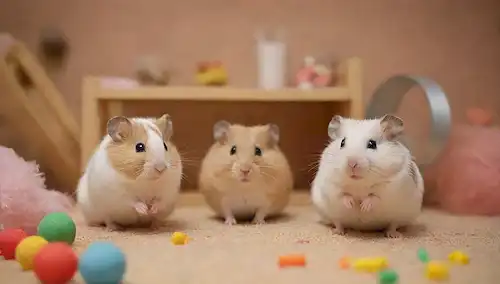 2 hamsters, masculino y femenino, rodeado de juguetes, tubos y una acogedora jaula, con un poco de material anidado en el fondo, contra una suave paleta de colores cálidos
