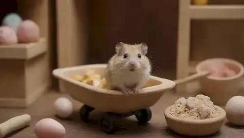 Martillos en miniatura 3D con pequeños hámsteres en carretilla, jaula de madera con estructura de escalada, furry critter deslizado hasta plato de comida, batidos suaves en pequeñas patas, juguetes suaves dispersos alrededor, y un pequeño tazón de agua cerca