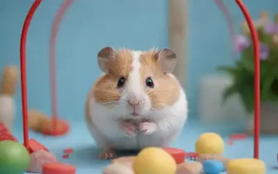 ilustración 3D de un pequeño hámster en una jaula