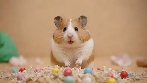 Hamster con piel suave, posiblemente sorprendido o preocupado, sentado sobre una pila de papel triturado, rodeado de juguetes y golosinas diminutos, contra un fondo beige o marrón cálido, con un efecto borroso sutil para transmitir movimiento o suavidad