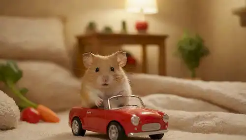 Un hámster dorado sentado cómodamente en su acogedora jaula, con un coche de juguete miniatura y un pedazo de verduras frescas a su lado, rodeado de ropa suave y suave, bajo una cálida iluminación dorada