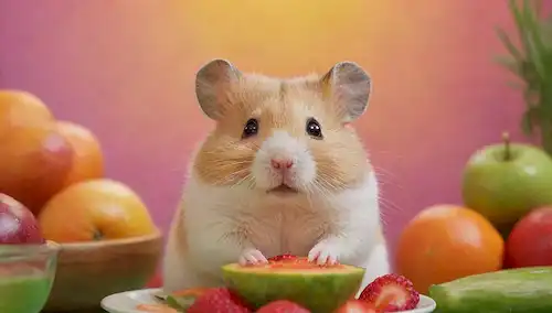 Un ciruela, adorable hámster sentado en un fondo colorido, rodeado de jugosos frutas y verduras, con unos pocos golosos dispersos cerca, posiblemente sosteniendo una pequeña placa o un tazón con un poco de comida de aspecto delicioso, teniendo una expresión linda en su cara, con una sonrisa sutil y ojos de gemelo