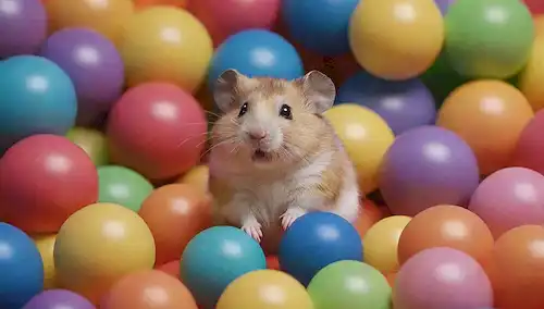 3 hampsters en diferentes colores, rodeado de bolas de ejercicio, túneles y tubos, algunos con pequeños pesos, pequeños obstáculos para saltar, pequeños obstáculos, pequeños toboganes, pequeños toboganes, telas coloridas, texturas suaves, accesorios lindos, juguetes para el juego de hámster, ejercicio diversión, escena adorable, atmósfera animada