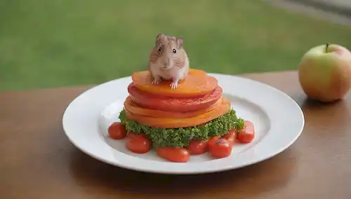 Un plato con verduras frescas como zanahorias y pimientos de campana, un tazón con comida integral de grano, un pequeño hámster sentado en la parte superior sosteniendo una rodaja de manzana, hierba verde en el fondo, una mesa de madera miniatura con una servilleta, un pequeño vaso de agua en el lado