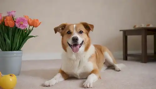 Un perro feliz con un abrigo brillante, sentado en un piso limpio alfombrado, rodeado de flores frescas, junto a un tazón lleno de deliciosos golosos y juguetes, con una suave sonrisa en su cara, en un salón cálido y acogedor