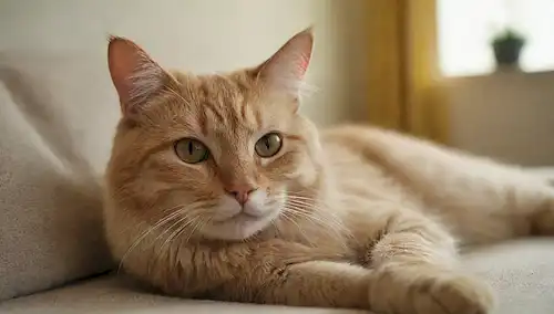 Gato con tono de piel amarillento, expresión letárgica, piel adelgazante y un abrigo aburrido, acostado en una cama o sofá, con un fondo sutil de un ambiente hogareño, como una alfombra o una estantería