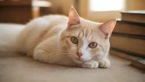 un gato con piel pálida, ojos aburridos y piel adelgazamiento, acostado en una alfombra desgastada, rodeado de libros polvorientos y juguetes rotos, con un débil reflejo de un sol en el fondo, en medio de un catnip disperso y un viejo reloj mostrando horas de la tarde, con un sutil toque de desesperación