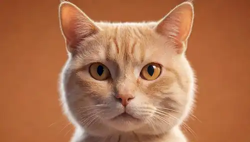 ilustración de gato 3D con glándula tiroides resaltada en color naranja, textura de fondo sutil que se asemejan a piel, silbidos ligeramente drooping, ojos hundidos, orejas atrás, y un aura ligeramente brillante alrededor de la zona tiroidea