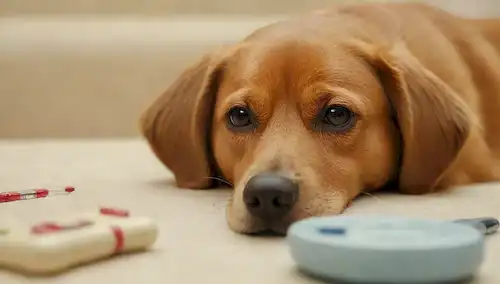 Perro 3D en el fondo, patrón riñón sutil en la piel, expresión preocupada, con instrumentos médicos y píldoras dispersas alrededor, esquema de color caliente, enfoque suave