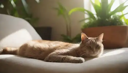 Calma gato hundiendo en un rayo de sol, rodeado de cojines suaves, suave flujo de agua, y plantas calmantes, con sombras sutiles para transmitir tranquilidad