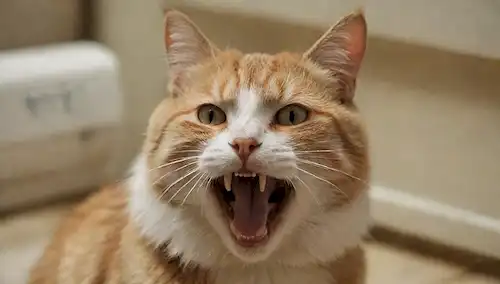 Un gato desbordando fuertemente, sudor de piel, un termómetro en el fondo con una lectura alarmante, ondas de calor que suben de su cuerpo, un ventilador o aire acondicionado cerca, un sentido de angustia y malestar