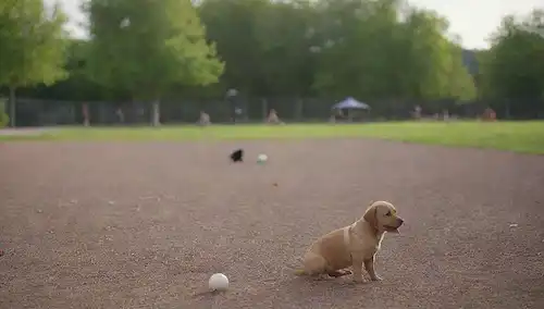 Una escena tranquila y tranquila del parque de perros con un fondo sereno, con cachorros juguetonos, adultos supervisando, y algunas estructuras de sombra, tal vez algunas bolas o juguetes diseminados alrededor, con iluminación suave y colores que transmiten seguridad y alegría