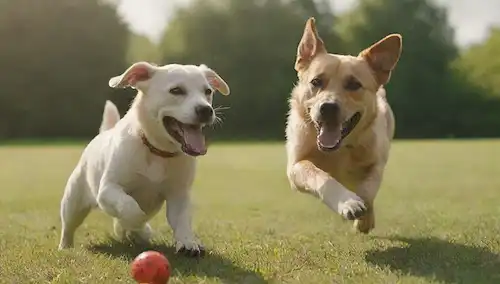 3-4 perros felices jugando junto con juguetes, rodeados de hierba verde y sol, un perro saltando sobre otro, otros olfateando caras, ambiente alegre, posiblemente unos cuantos golosos dispersos alrededor