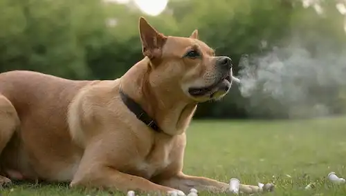 Un perro con un ajuste de tos, sibilancia y acolchado en el pecho, rodeado de inhaladores de asma, el polen cuenta el aumento en el fondo, con hojas borrosas o flores que representan alergias, sombras sutiles que insinúan la bronquitis, e iluminación suave para transmitir enfermedad en lugar de incomodidad