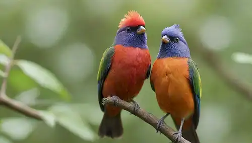 2 aves pequeñas y coloridas con plumaje vibrante, encaramado en una rama entre vegetación exuberante, luz solar cálida, ruido de fondo suave, plumas juguetonas rofadas, enfoque suave alrededor de los ojos para transmitir la dulzura, alas ligeramente elevadas en el gesto de vuelo medio, ambiente calmante