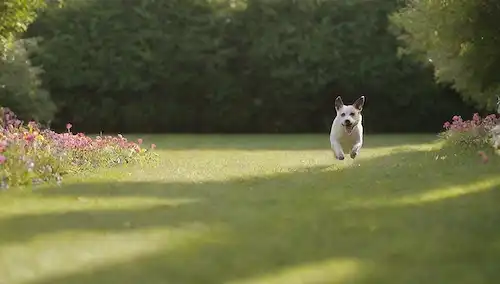 Un soleado patio trasero con un perro feliz corriendo hacia una bola lanzada