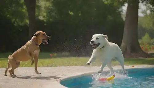 3-4 perros jugando con pistolas de agua o salpicando en una piscina, un perro corriendo con una manguera, un soleado día de fondo con árboles y flores, niños riéndose a la distancia