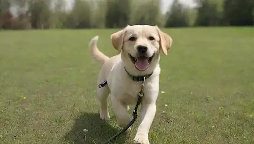 Un perro feliz, hierba verde, día soleado, flores de floración, juguetes al aire libre, correa para niños, atmósfera lúdica, expresiones alegres, entorno natural