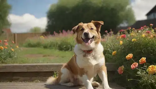 ilustración 3D de un perro adulto feliz, fondo verde hierba, sol brillante con nubes, flores coloridas y arbustos, escaleras de madera con golosinas de perro, bola de tenis en el primer paso, alegre compañero de lechada, banco de jardín en la distancia, ambiente soleado