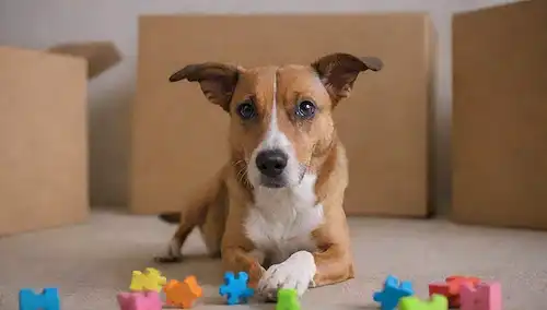 un perro juguetón con juguetes de rompecabezas, golosinas escondidas en cajas de cartón, props de estimulación mental, unos pocos juguetes de perros dispersos alrededor, y un fondo tranquilo