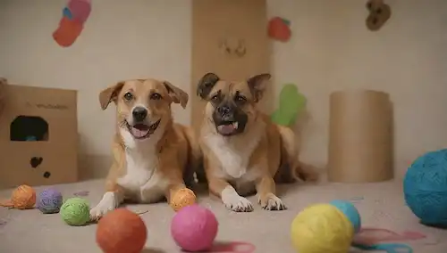 5-7 perros jugando con cajas de cartón, bolas hechas de rollos de papel, y juguetes de cuerda; un frasco de regalo en el fondo; coloridos pedazos de tela dispersos alrededor; unas pocas piezas de pintura de pata en la pared