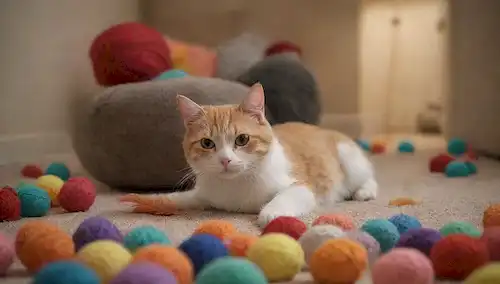 5 gatos juguetonos saltando entre bolas coloridas