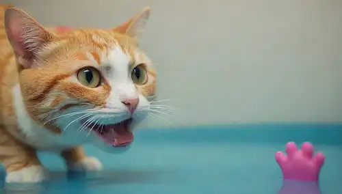 Pescado de juguete 3D con colores brillantes, pata de gato alcanzando, cara de gato juguetón en el fondo, elementos de diseño inspirados en el agua, paleta de color calma