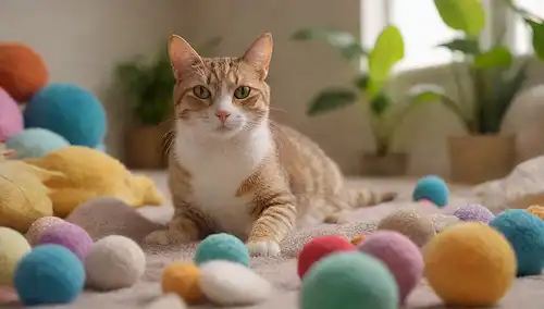 Whimsical cat playing with colorful toy mouse, sitting on plush mattress amidst dispersa bolas y plumas, rodeado de plantas de catnip, cálido sunbeam casting a acogedor brillo, colores vibrantes y texturas, ambiente lúdico y acogedor