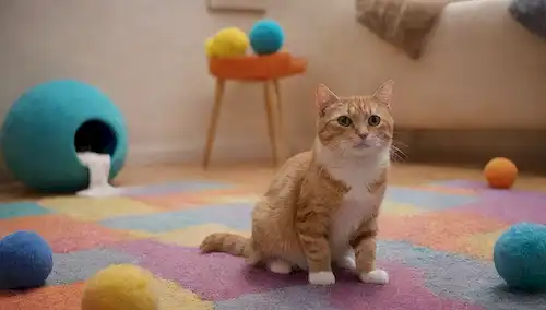 gatos de juguete 3D jugando con juguetes interactivos como bolas, varitas de plumas y punteros láser, en medio de camas de gato colorido y postes de rasguño, rodeado de alfombras de felpa y lugares de ocultación para una diversión adicional