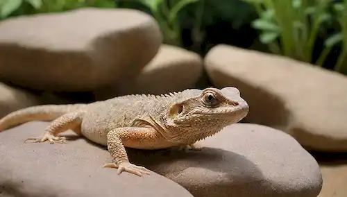 2-3 Lagartos Pogona en un ambiente semi-aquatico con plantas, rocas y sustrato arenoso; un lagarto está nadando cerca de la superficie, otro está encaramado en una roca, y el tercero se basa en un lugar soleado; fondo de enfoque suave para enfatizar los temas; iluminación cálida y naturalista