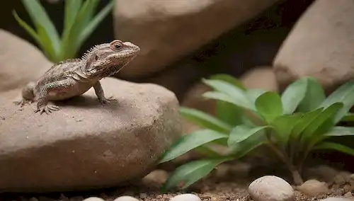 Un recinto reptil con formaciones rocosas, plantas verdes y sustrato arenoso; un lagarto pequeño, probable Pogona, basking en una roca, con su cabeza ligeramente inclinada y cola acurrucada; un tazón de agua en la esquina con algunas plantas acuáticas, y un escondite hecho de ramitas y hojas