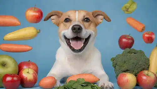 Un perro feliz sentado, sonriendo con boca abierta, rodeado de frutas y verduras coloridas como zanahorias, manzanas y espinacas, con un cepillo de dientes y pasta de dientes cerca, contra un fondo azul brillante o blanco, tal vez algunos hilo dental o enjuague bucal a la vista, todos transmiten un sentido de limpieza y salud oral