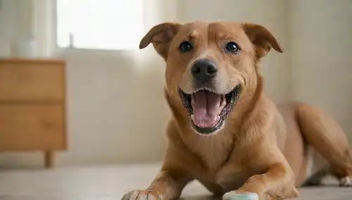 Un canino alegre y juguetono con una sonrisa brillante y saludable; un disparo de cerca de sus dientes y encías; un movimiento de cepillado de un cepillo de dientes en el fondo; un producto de higiene dental o juguete cercano; un ambiente cálido y acogedor como una clínica de hogar o veterinario; iluminación natural con sombras suaves; un sentido de limpieza y frescura