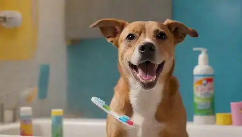 Un perro feliz con un cepillo de dientes en su boca, de pie delante de un lavabo con agua corriente, rodeado de tubos de pasta de dientes y cerdas dentales en un fondo colorido, con una mano humana sonriente sosteniendo una taza cercana, con una fuente de luz brillante para destacar la escena
