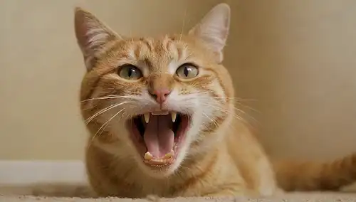 Un gato suave que abre su boca con dientes amarillentos, rodeado de partículas de suciedad y comida, un cepillo de dientes en mano sostenido por un dedo humano, iluminación suave, un color de fondo cálido, un brillo sutil en el cepillo de dientes
