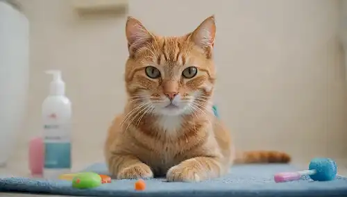 Un gato con un cepillo de dientes en su boca