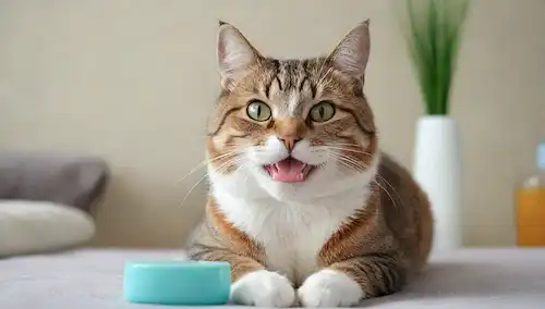 Una cara de gatos, sonriendo con dientes saludables, sentado en un cojín, con un cepillo de dientes y pasta de dientes cerca, rodeado de accesorios de higiene dental como hilo dental y enjuague bucal, contra un fondo brillante y limpio