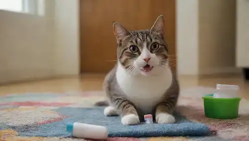 Un gato feliz sentado en una alfombra colorida, sosteniendo un cepillo de dientes con pasta de dientes en su boca, rodeado de hilo dental y otras herramientas de cuidado oral, con un tazón de gatos tratados cercanos para fomentar un buen comportamiento