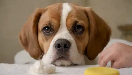 Un disparo de cerca de un oído de perros que se limpia suavemente con swabs de algodón, rodeado de herramientas de peluquería como peines, cepillos y pinceles, con un paño suave o toalla en el fondo para secar