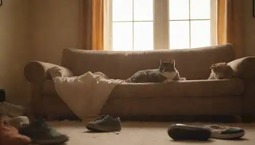 2 gatos saltando en un sofá desgastado