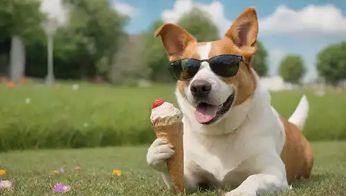 Un perro feliz sentado en un césped de hierba verde