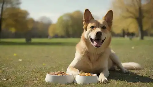 un perro feliz en un parque, un día soleado cálido, una brisa suave soplando, una persona cercana con un plato de comida, un regalo o dos dispersos en el suelo