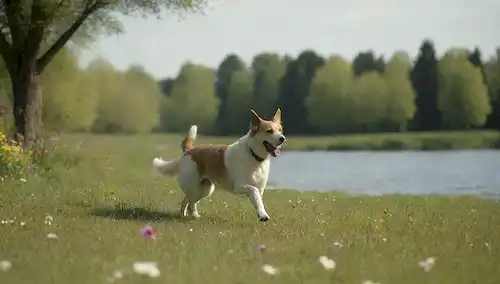 Un perro feliz corriendo en un prado soleado con flores floreciendo, acompañado por un pájaro o una mariposa, en el fondo un lago refrescante o una piscina de agua, algunos árboles que proporcionan sombra