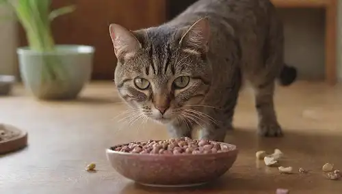 Un tazón sobre una mesa de madera, con un gato curioso oliendo alrededor, rodeado de golosinas prohibidas de perros, tales como chips de chocolate, uvas, cebollas y nueces de macadamia, algunos de los cuales se consumen parcialmente, transportando peligro y tentación