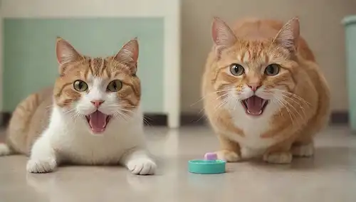 2 gatos sentados al lado del otro con bocas abiertas, un gato tiene un cepillo de dientes en su boca, otro gato está soplando burbujas, hay un espejo dental en el suelo, un tubo de pasta de dientes y un flos cerca de ellos, un fondo tranquilo con colores suaves, tono juguetón